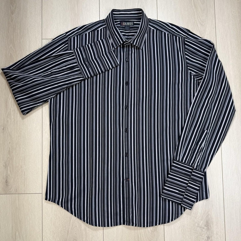 VTG Guess Men's XXL  Black White Striped French Cuff Dress‎ Shirt 100% Cotton